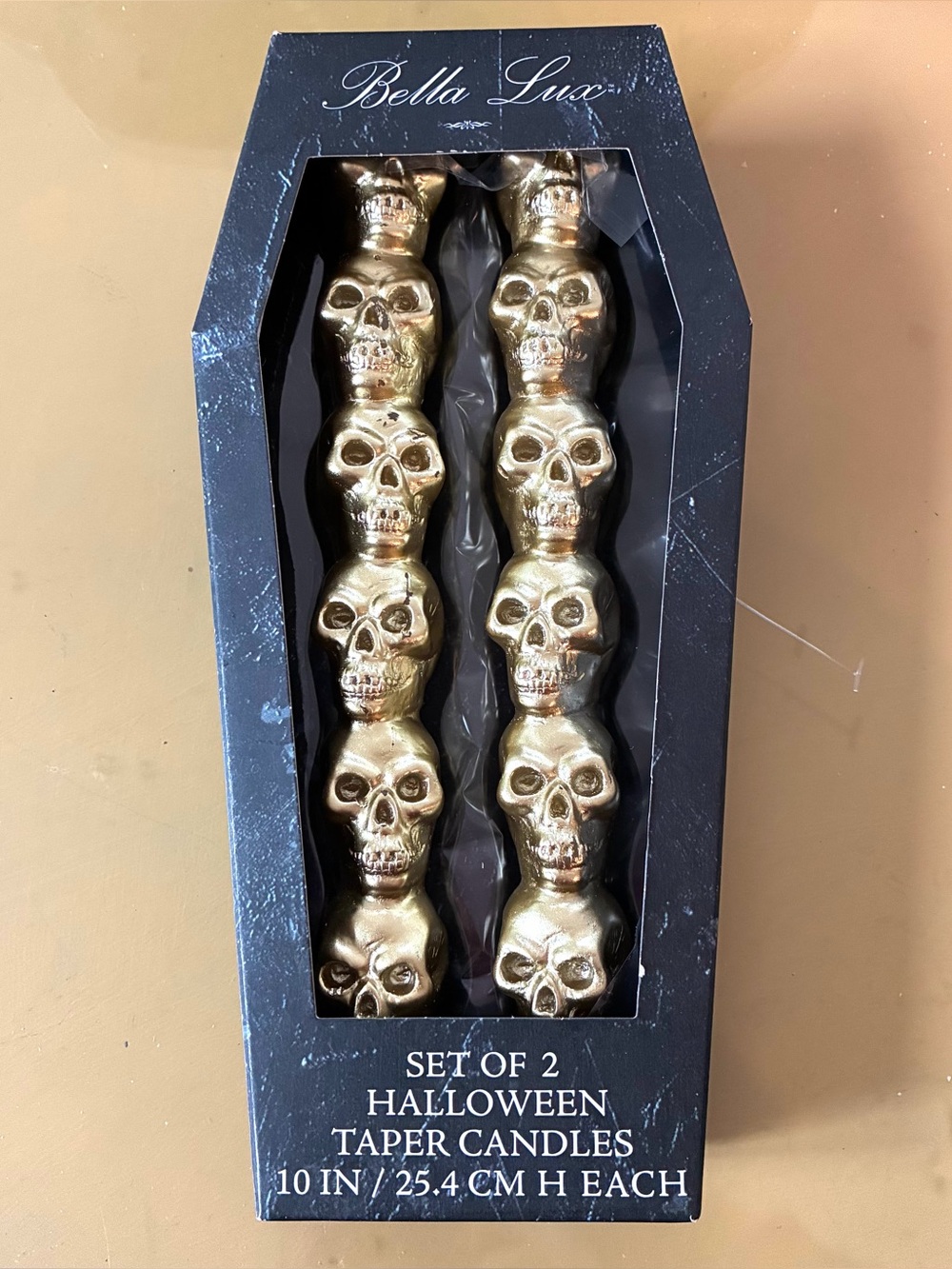 Bella Lux Stacked Golden Skull Halloween Tapered Candles Boxed Set Of 2 Goth